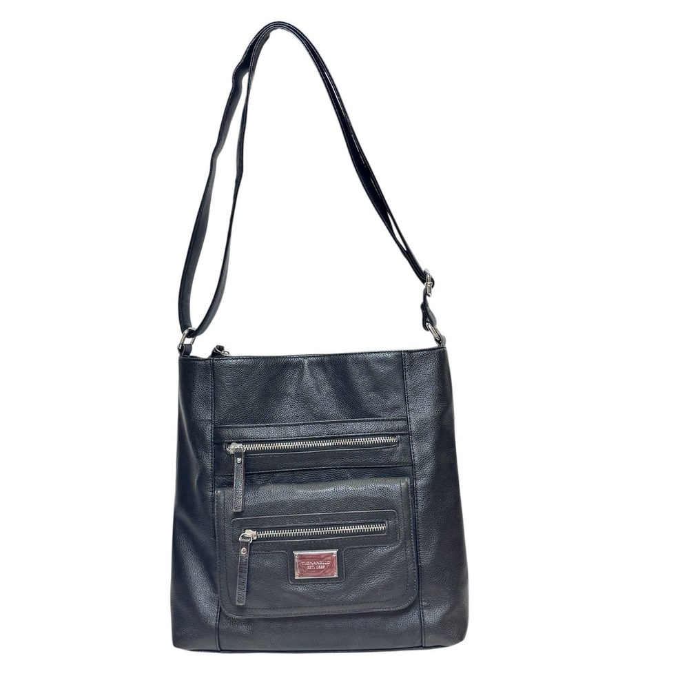 Tignanello Black Leather‎ Purse Adjustable Strap w Silver Hardware Shoulder Bag